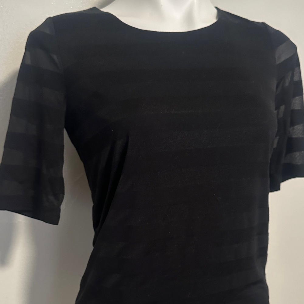 White House Black Market Black Semi-Sheer Striped Elbow-Sleeve Top